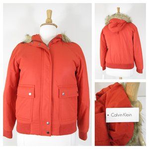 Calvin Klein Womens Red Orange Fur Trim Hooded Parka Coat Size L